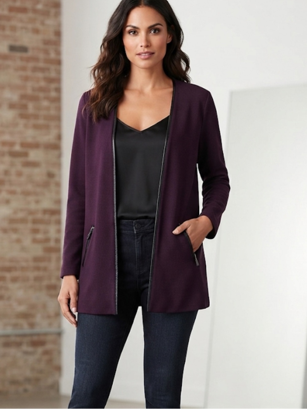 Charter Club Purple Faux Leather Trim Open Front Cardigan - Size PL